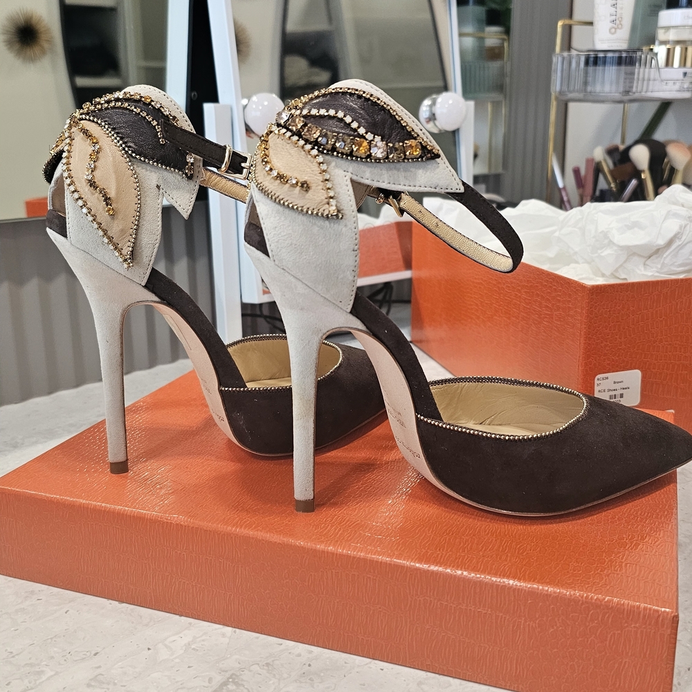 Roberto Cavalli Women’s Brown and Cream Embellished Suede Heels - Picture 9 of 16